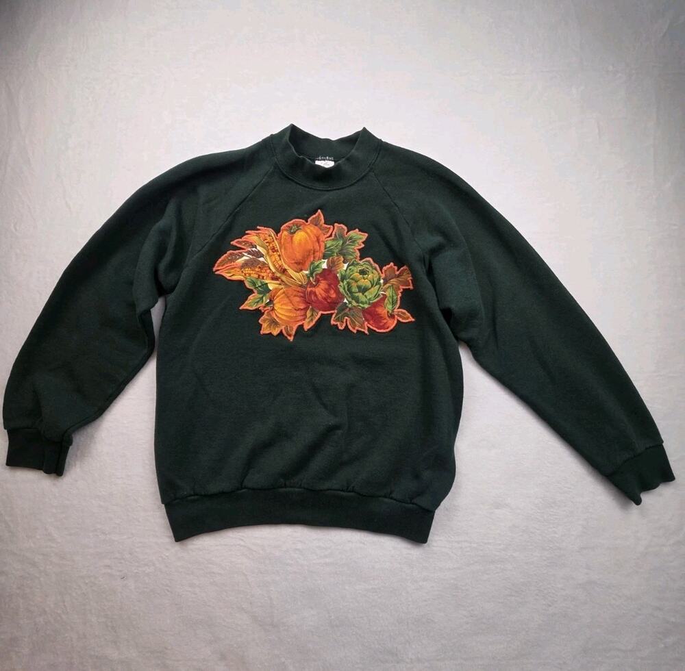 VTG 90s Fall Sweatshirt M Embroidered Autumn Leaves Cottagecore Made In USA